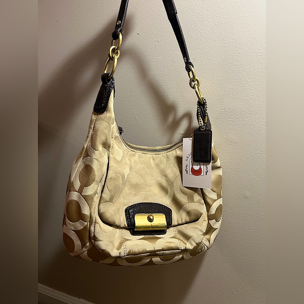 COACH Kristin Op Art Sateen Hobo Bag 19331 - Khaki/Mahogany